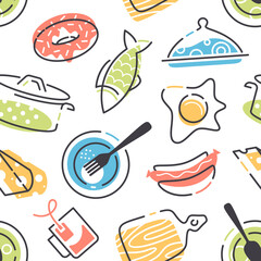 Seamless pattern, vector background with gastronomy icons, vector cuisine and fast food.