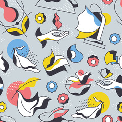 Vector seamless pattern with spring and summer stylized pop art illustrations.