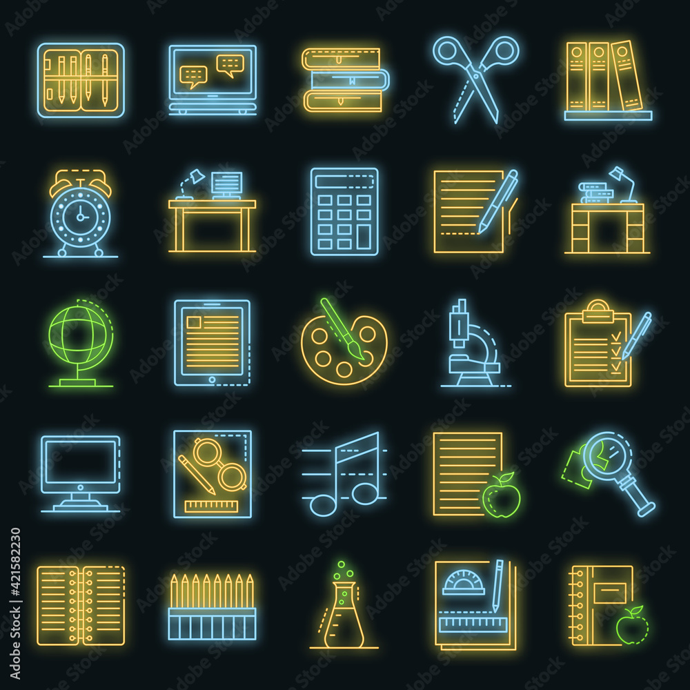 Poster homework icon set. outline set of homework vector icons neon color on black