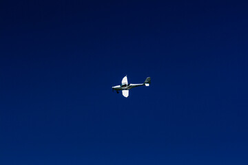The plane flies in the blue sky