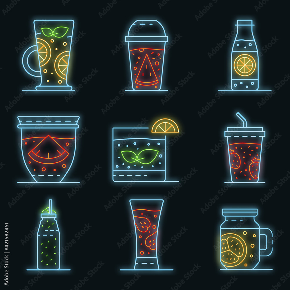 Poster smoothie icon set. outline set of smoothie vector icons neon color on black