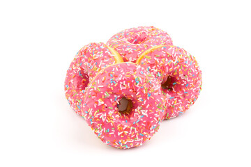 Fresh made Donuts isolated on white background. Doughnuts are traditional sweet pastries. Copy space for text.