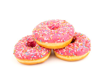 Fresh made Donuts isolated on white background. Doughnuts are traditional sweet pastries. Copy space for text.