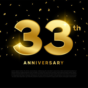 33th anniversary celebration with gold glitter color and black background. Vector design for celebrations, invitation cards and greeting cards.