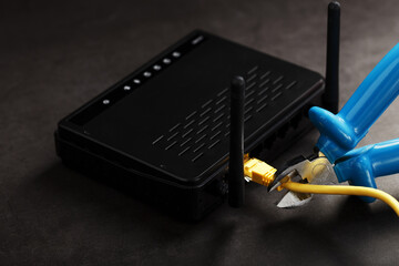 Tearing and cutting with blue wire cutters the network connection of the yellow wire of the...