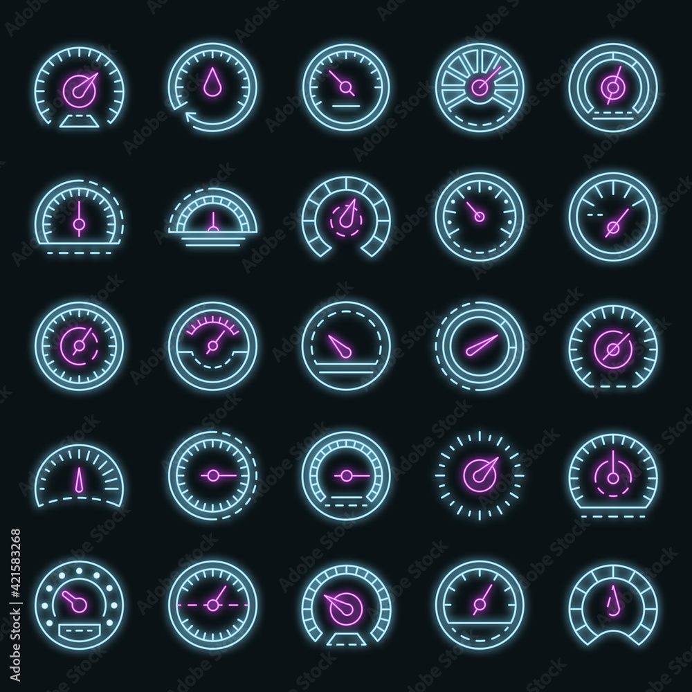 Aufkleber speedometer icon set. outline set of speedometer vector icons neon color on black