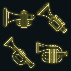 Trumpet icons set. Outline set of trumpet vector icons neon color on black