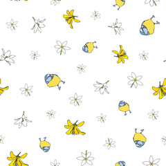 Vector white background yellow white floral birds seamless pattern. Lilies, birds. Seamless pattern background