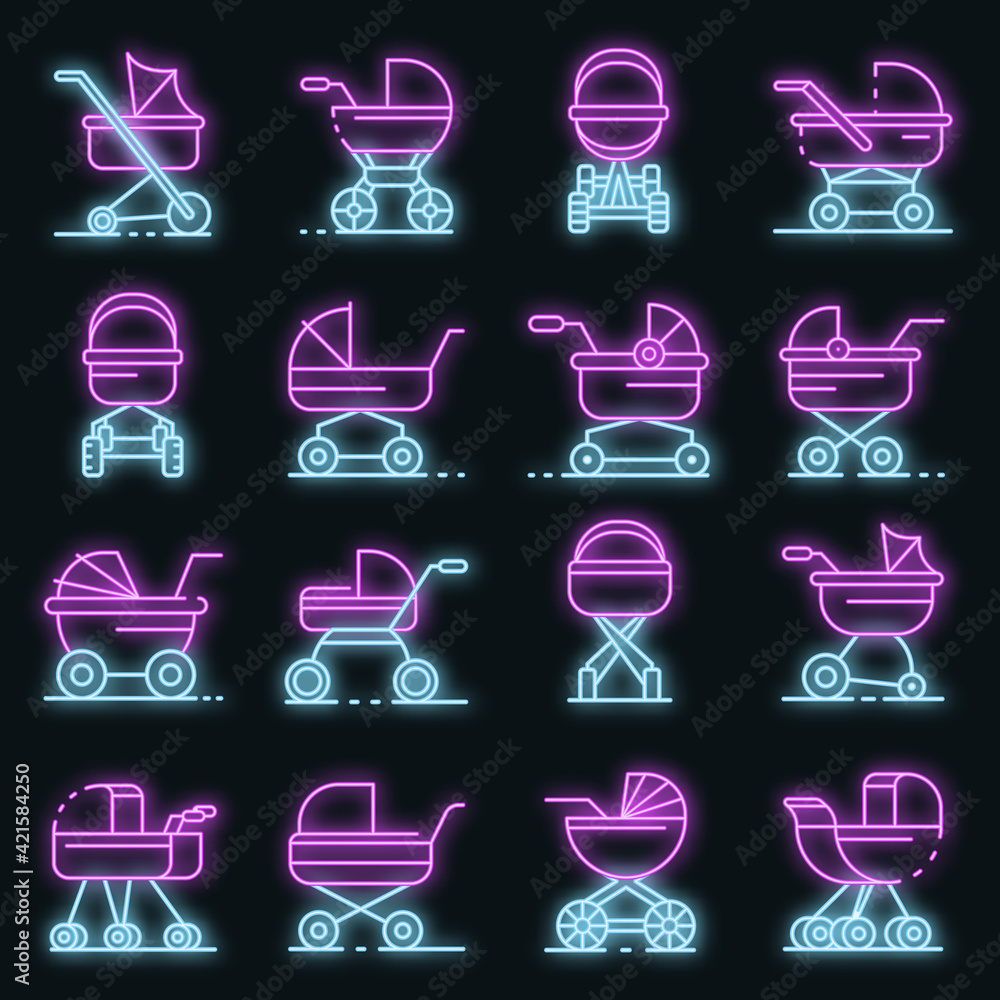 Poster pram icons set. outline set of pram vector icons neon color on black