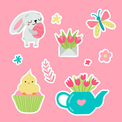 Easter greeting stickers with bunny. Vector illustration. Set of cute cartoon characters and elements.