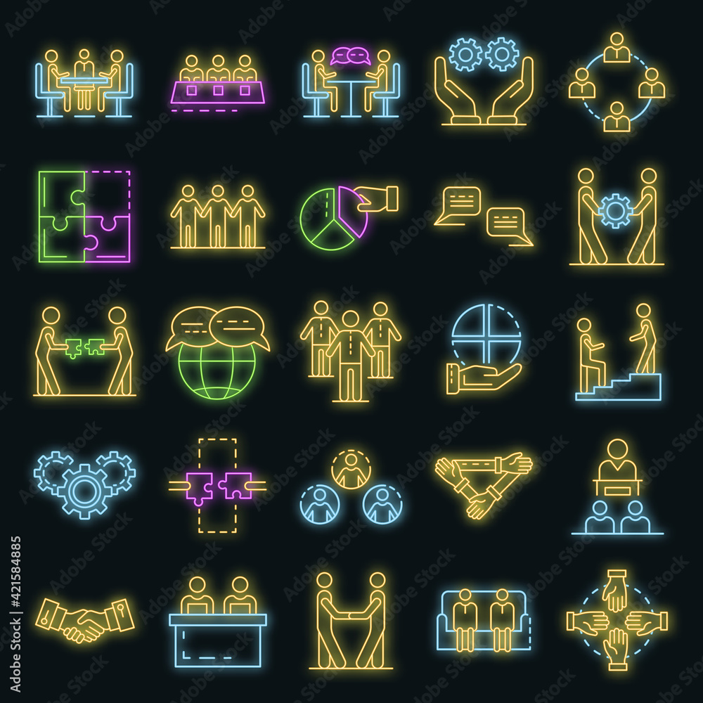 Poster cohesion icon set. outline set of cohesion vector icons neon color on black