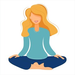 Obraz na płótnie Canvas Cute blond cartoon girl in yoga lotus practices meditation. Practice of yoga. Vector illustration on white background. Young and happy woman meditating