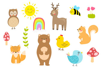 Cute spring animals and spring element collection .