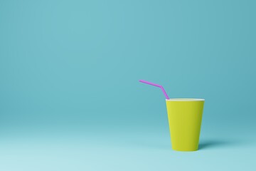 Party yellow plastic cup with magenta straw isolated on cyan background 3D rendering