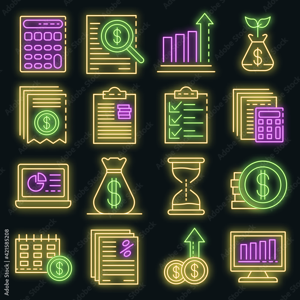 Poster expense report icons set. outline set of expense report vector icons neon color on black