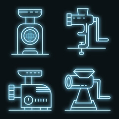Meat grinder icons set. Outline set of meat grinder vector icons neon color on black