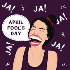 April fool day poster. Woman laughing loud pop art style - Vector