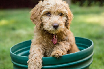 Issaquah, Washington State, USA. Eight week old Goldendoodle puppy posing inside an empty flower pot. 
