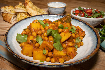 A bowl of the delicious Indian dish Chana Masala made from chickpeas and potatoes on a wooden kitchen table