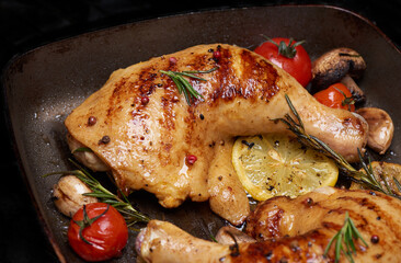 Grilled chicken Leg on the grill pan. appetizing grilled juicy chicken with golden brown crust served with tomato, lemon slices, mushroom, and rosemary. Selective focus. Healthy meal concept.