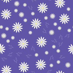 Seamless floral pattern. White chamomile or daisies on a blue background. Endless patterns for textiles and fabrics, wrapping paper, packaging. Vector image. Flat style