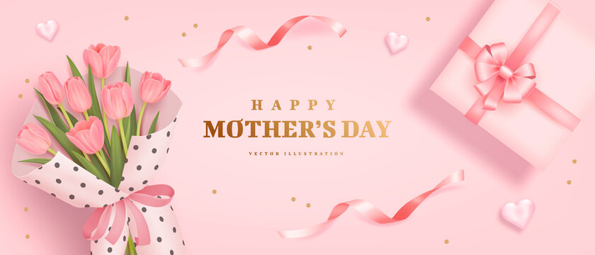 Mother's day poster or banner with sweet hearts, bouquet of tulips and pink gift box on pink background