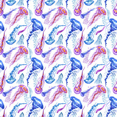  Seamless pattern of jellyfish. Colored watercolor illustration of medusa.  Draw for  tattoo design, creating fabrics, textile, decoupage, wallpapers, print, gift wrapping paper, invitations.