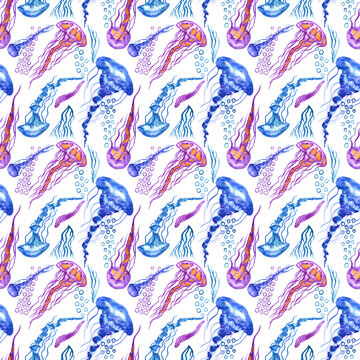  Seamless pattern of jellyfish. Colored watercolor illustration of medusa.  Draw for  tattoo design, creating fabrics, textile, decoupage, wallpapers, print, gift wrapping paper, invitations.