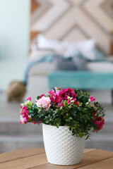modern bedroom closeup fragment with flowers in vase, sofa and pillows on background