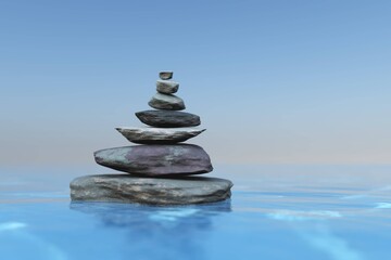 Pyramid on a stone on the water, Zen stones in water, still life from stones and water, 3D rendering