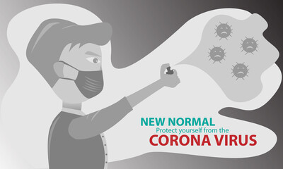 Illustration of a young person carrying a disinfectant spray for a coronavirus