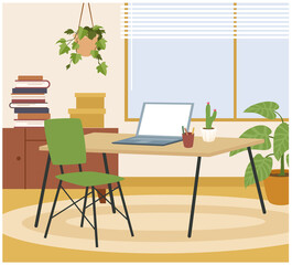 Fototapeta premium Living room home interior, hygge workspace with table, chair, laptop for freelance work