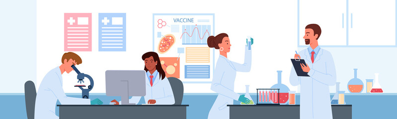 People work in vaccine development science laboratory vector illustration. Cartoon man woman scientist characters develop vaccine for coronavirus, holding lab analysis in test tube flat background.