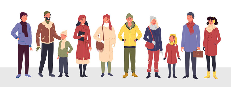 Cartoon group of cute man woman kid characters in trendy outerwear standing in row, wearing warm coat and boots, scarf and hat isolated on white. People wear casual winter clothes vector illustration.