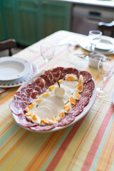 Easter Sunday, Italian tradition. Typical dish of Italian cuisine, consisting of salted ricotta, eggs and salami.
