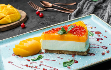 Creamy mango cheesecake decorated with red berries and mint on a large plate and dark background,...