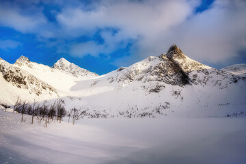 Stormoa snowy peak in northern Norway in winter