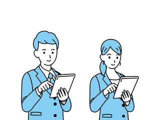 タブレットを使う　会社員　スーツ姿　男女　上半身　イラスト素材