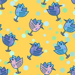 Happy Pastel Color Birds Scatter Pattern With Polka Dots On Yellow