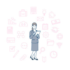 タブレットを使う　ビジネスウーマン　女性　会社員　ビジネス　アイコン　セット　イラスト素材