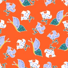 Luxurious Lilac, Teal And White Floral With Butterflies On An Orange Background