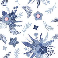 Seamless pattern with blue flowers and leaves. Creative floral texture. Great for fabric, textile Vector Illustration