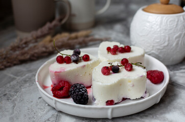 Panna Cotta with fresh berries on white plate. Delicious homemade dessert as tasty breakfast