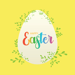 Easter card. Vector illustration of Happy Easter holiday in an egg with green twigs and leaves on a yellow background. Beautiful calligraphic font.