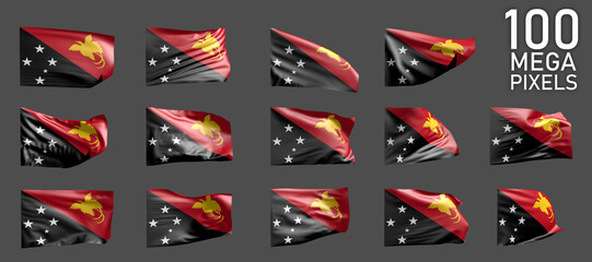 Papua New Guinea flag isolated - various realistic renders of the waving flag on grey background - object 3D illustration