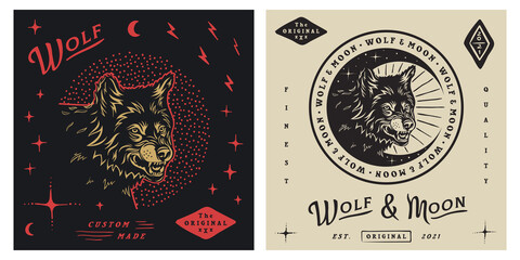 Wolf and Moon vintage retro logo design template in modern trendy style © CHEESEBURGER
