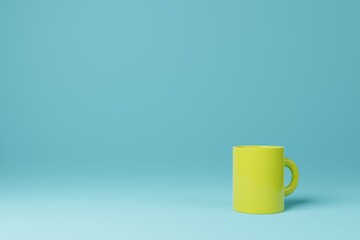 Yellow coffee tea mug cup on cyan background 3D rendering