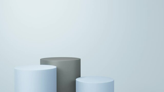 Empty gray and blue cylinder podium floating on white copy space background. Abstract minimal studio 3d geometric shape object. Pedestal mockup space for display of product design. 4K of 3d rendering.