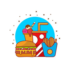 Burger with soda, Soda and French fries, Combo pack. Fast Food Logo. Cafe and Restaurant Menu.