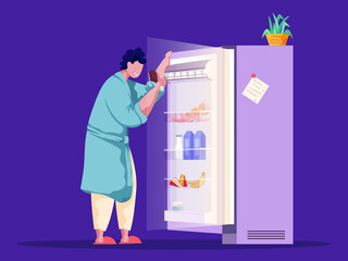 Man standing and eating in front of opened fridge at night. Stress, bad unhealthy habits, disorder. Late snack, cheat meal. Cartoon vector illustration. Dark background. Flat style.